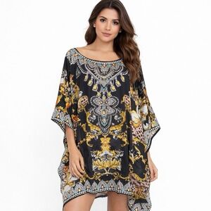 ASA KAFTANS Mixed Media Leopard & Gold Baroque Scrollwork Short Kaftan Size L